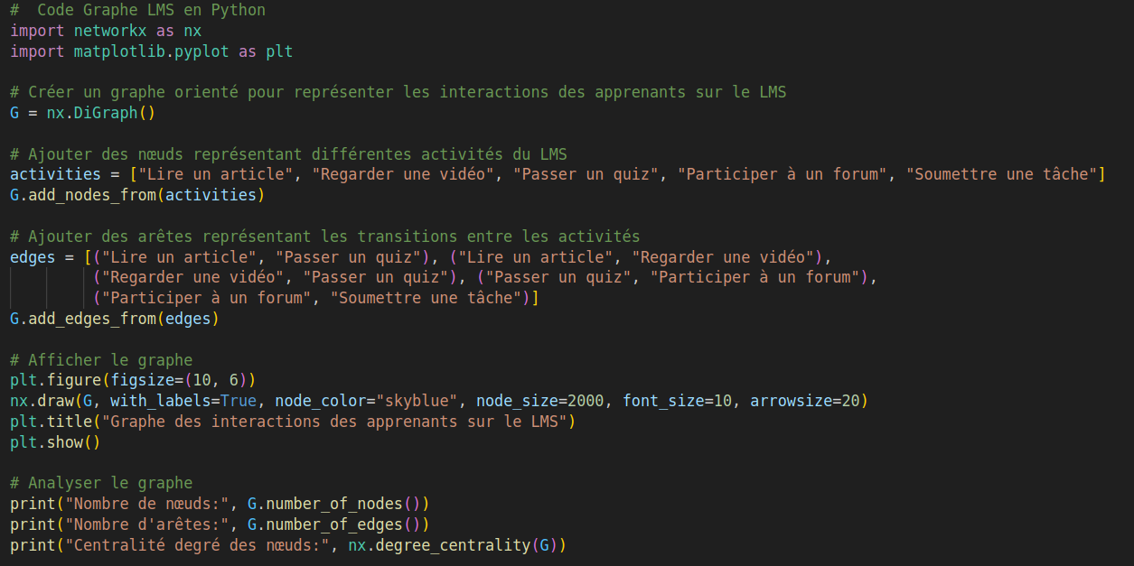 Création d'un graphe représentant les interactions des apprenants avec les activités d'un LMS et analyser ces données